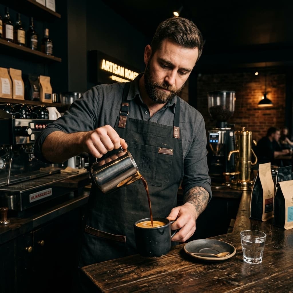 Velvet Roast Master Barista Pouring Espresso